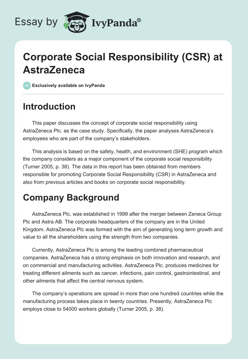 Corporate Social Responsibility (CSR) at AstraZeneca. Page 1