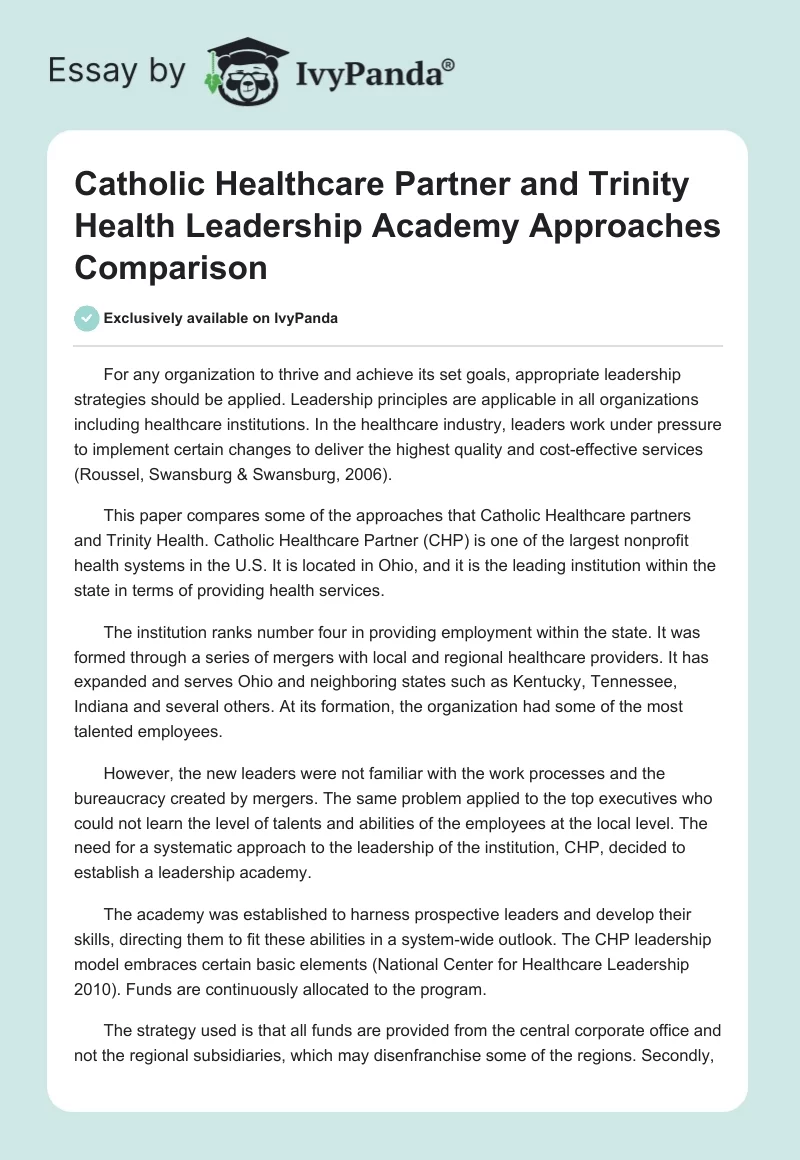 Catholic Healthcare Partner and Trinity Health Leadership Academy Approaches Comparison. Page 1