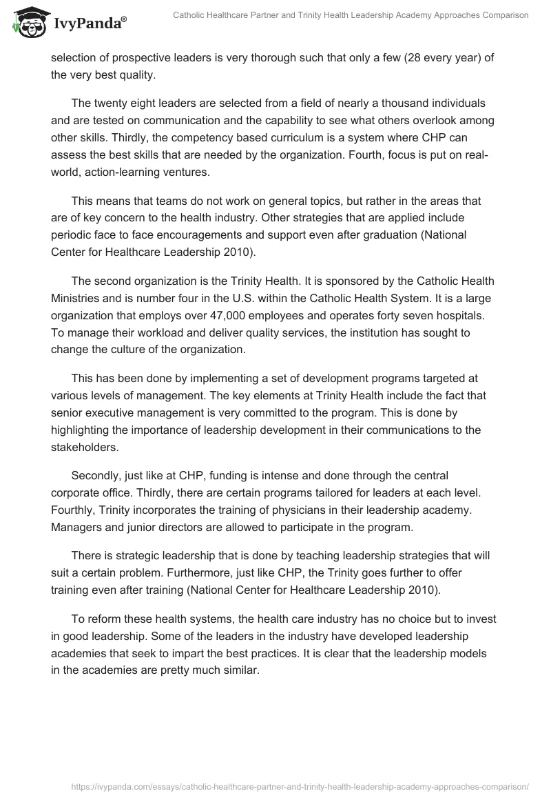 Catholic Healthcare Partner and Trinity Health Leadership Academy Approaches Comparison. Page 2