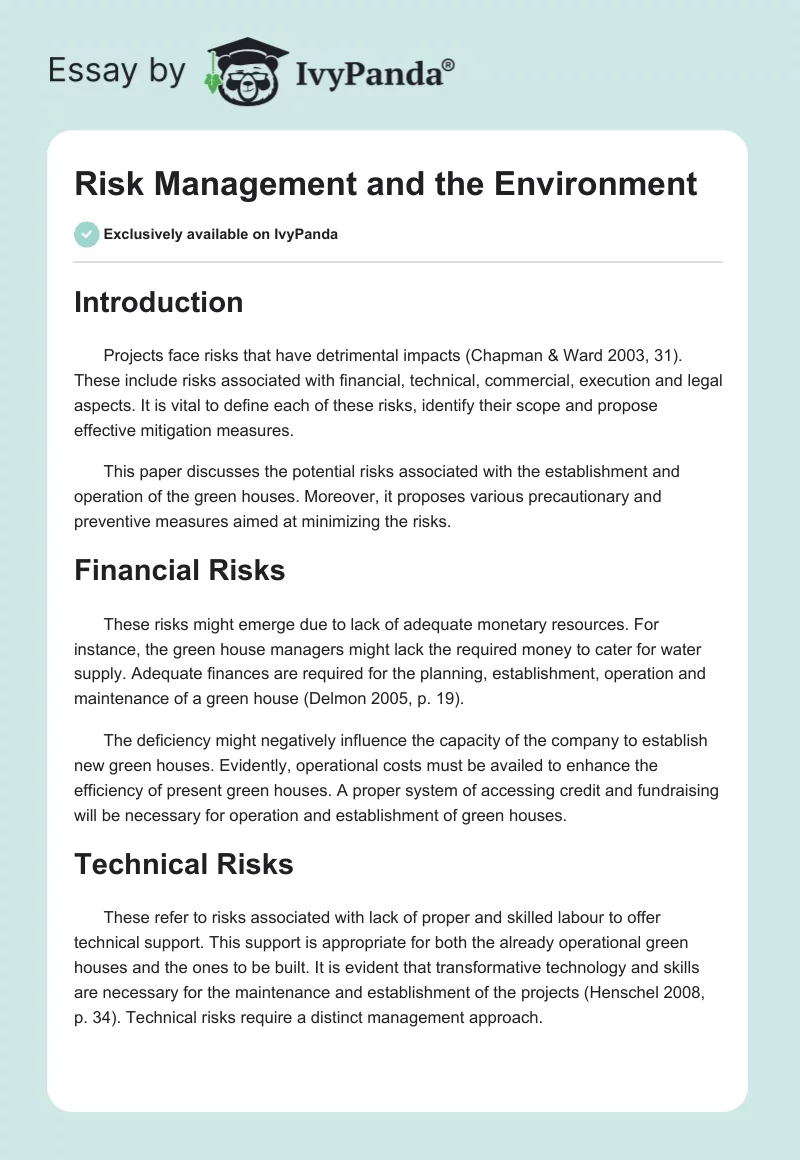Agricultural Greenhouses: Risk Assessment and Management. Page 1