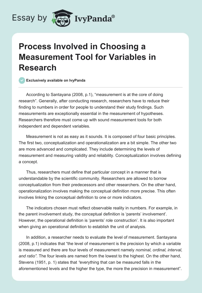 Process Involved in Choosing a Measurement Tool for Variables in Research. Page 1