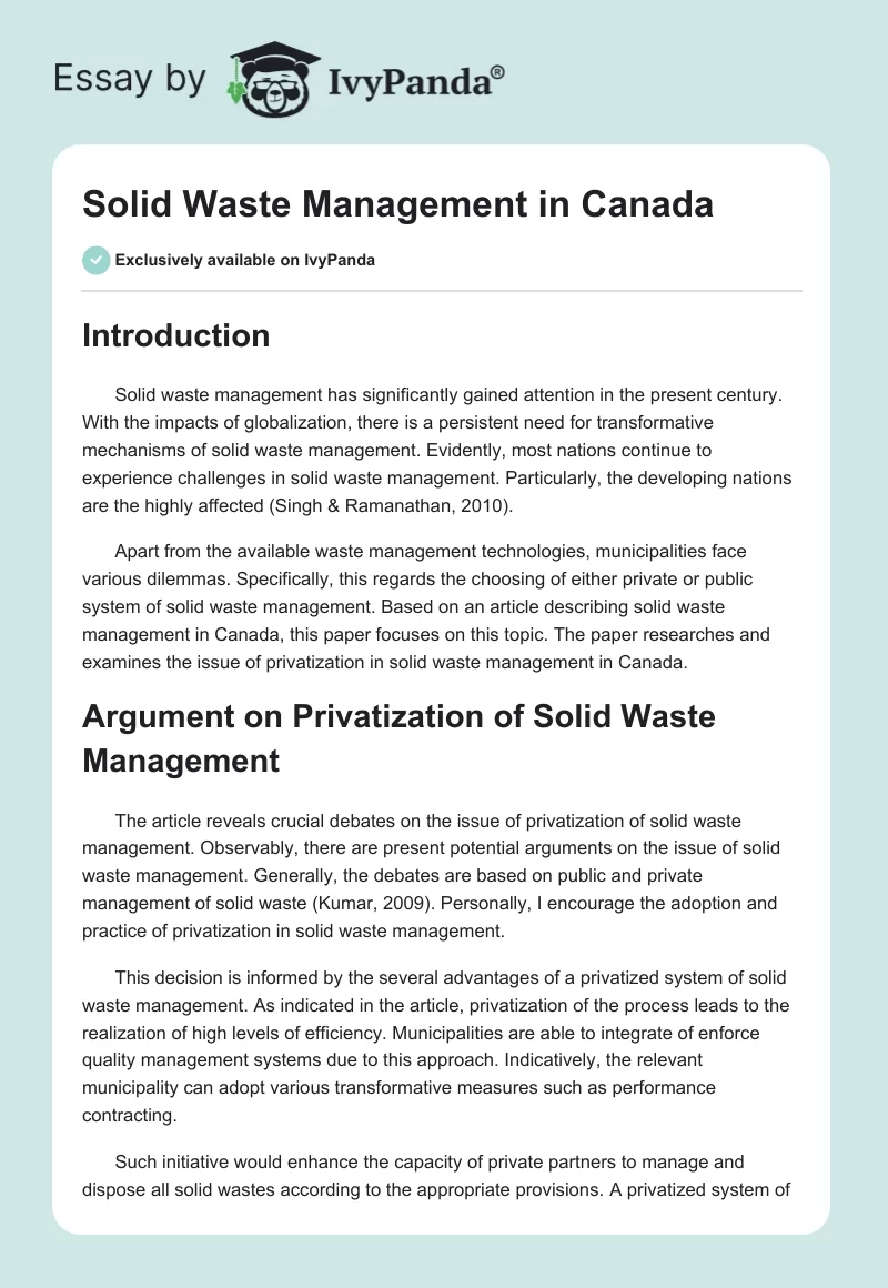 Solid Waste Management in Canada. Page 1