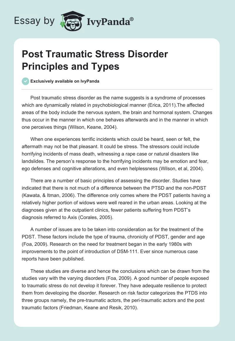 Post Traumatic Stress Disorder Principles and Types. Page 1
