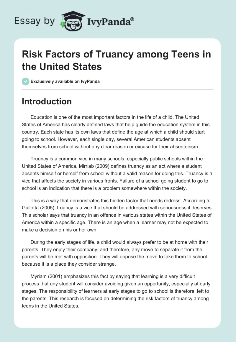 Risk Factors of Truancy among Teens in the United States. Page 1