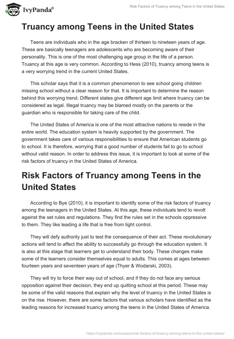 Risk Factors of Truancy among Teens in the United States. Page 2
