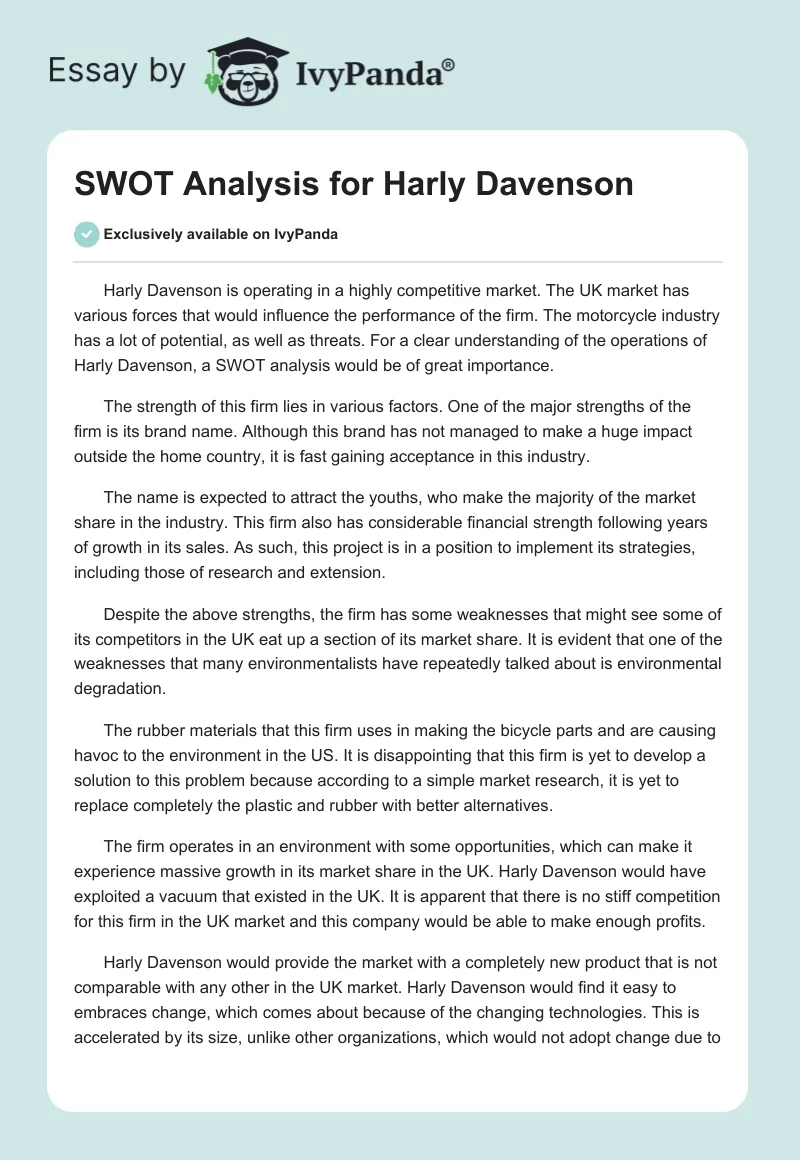 SWOT Analysis for Harly Davenson. Page 1