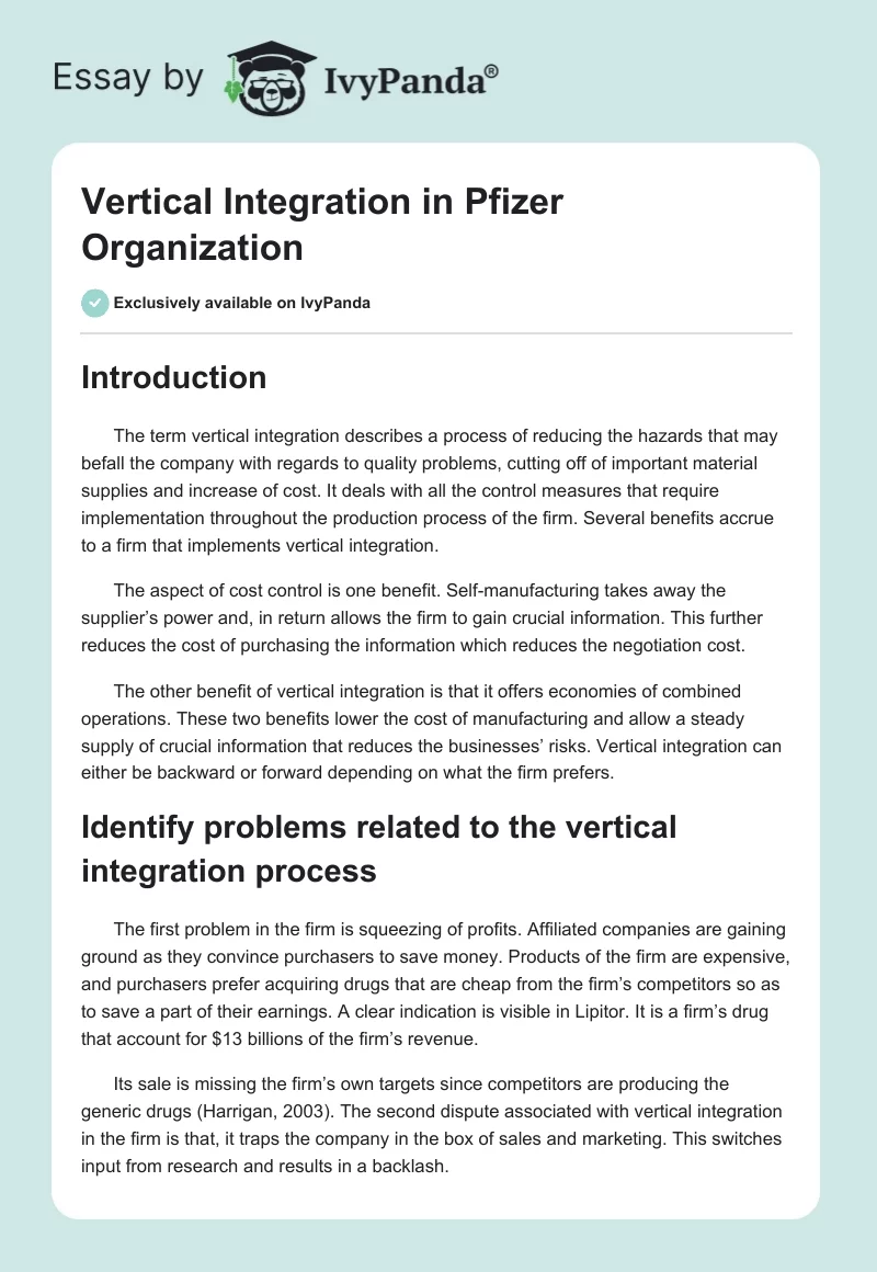 Vertical Integration in Pfizer Organization. Page 1