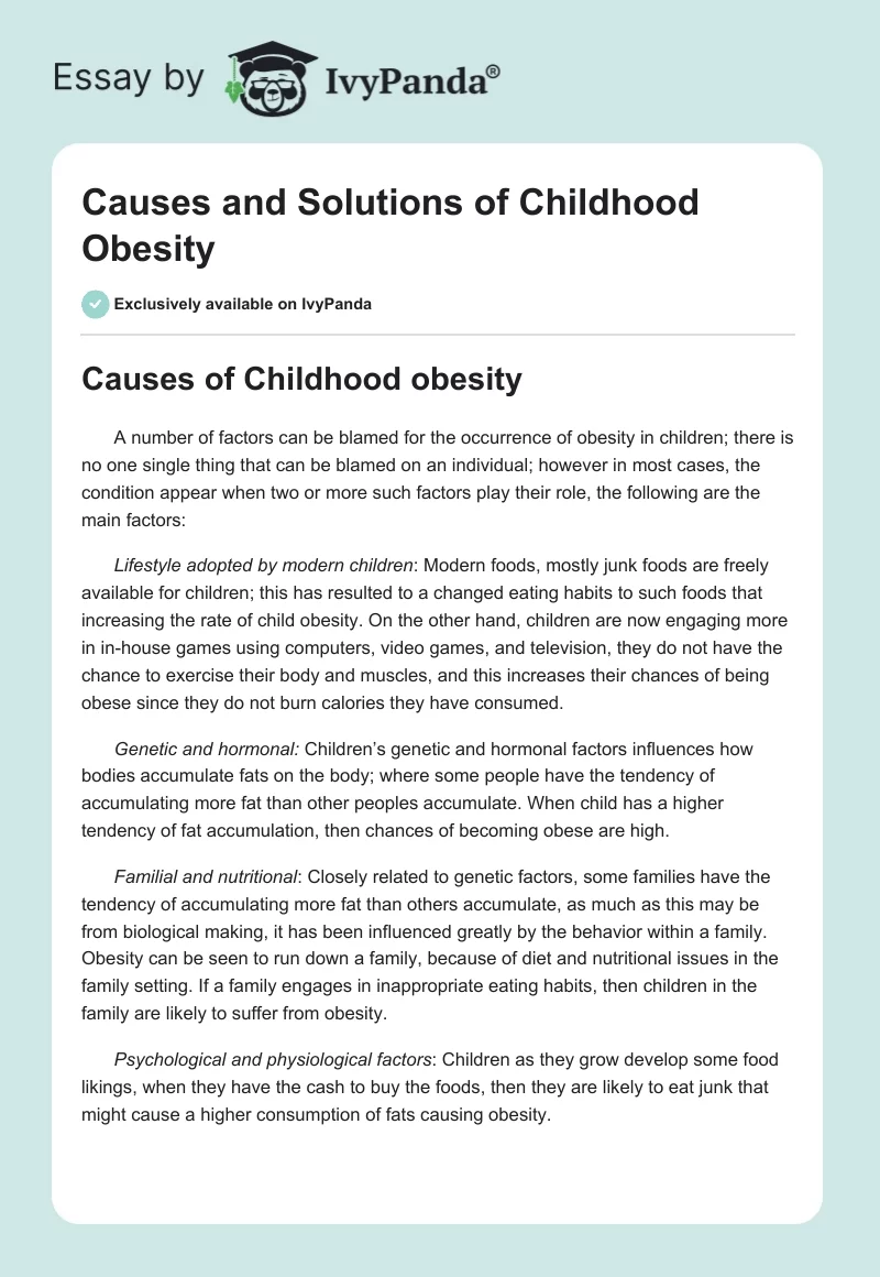 Causes and Solutions of Childhood Obesity. Page 1