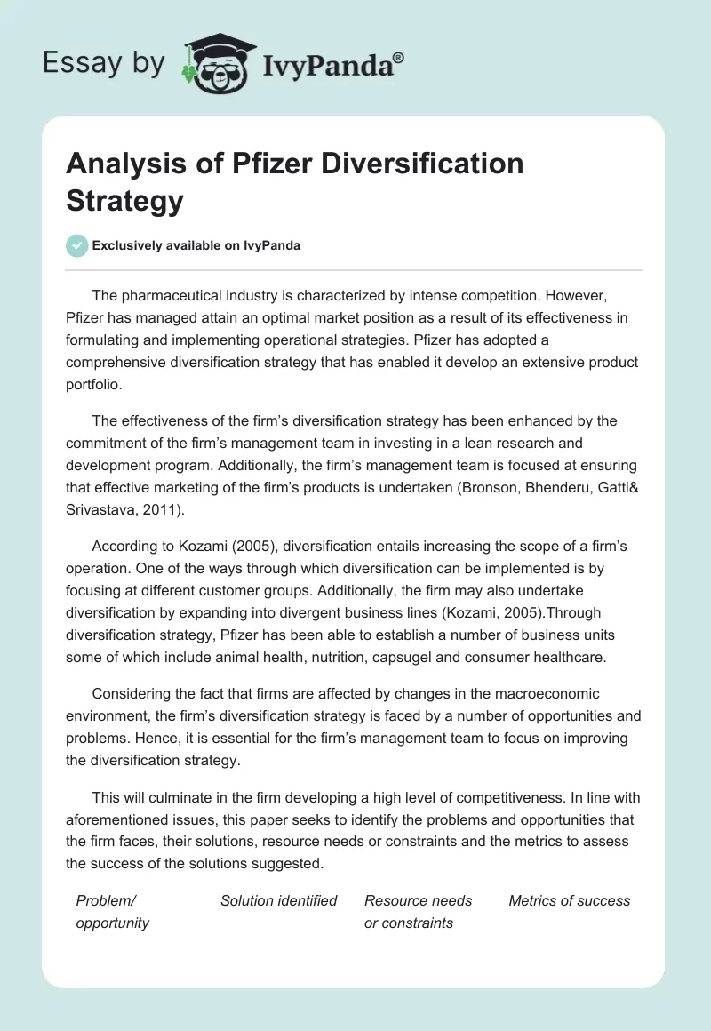 Analysis of Pfizer Diversification Strategy. Page 1