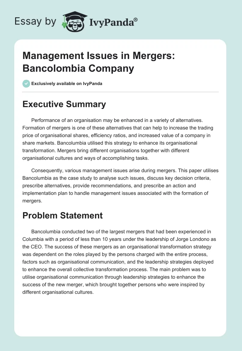 Management Issues in Mergers: Bancolombia Company. Page 1