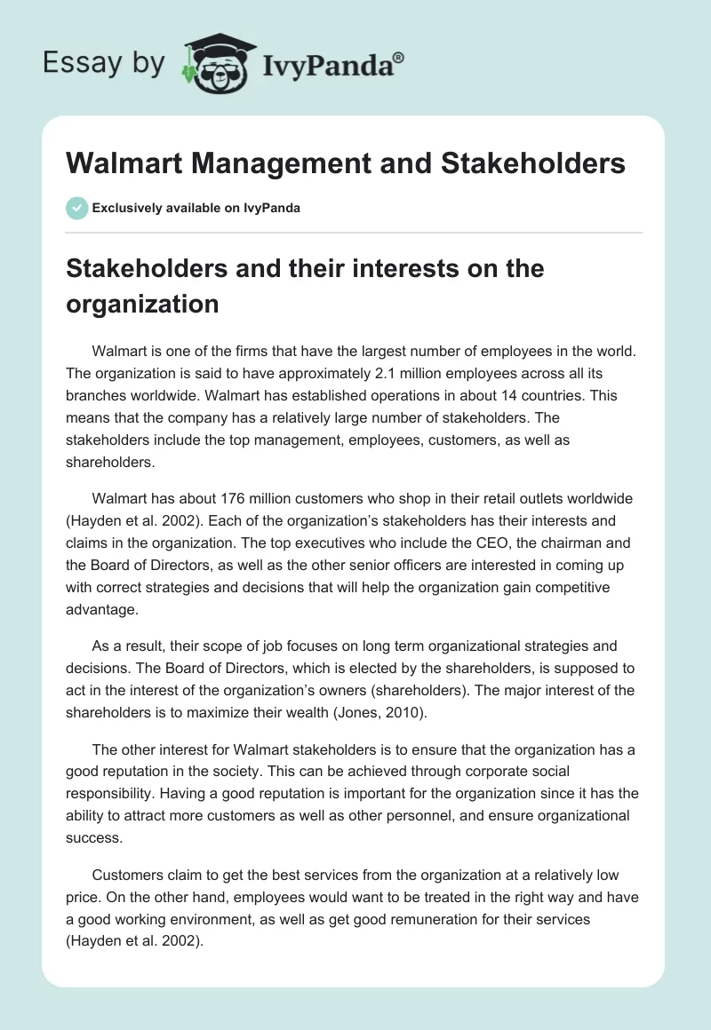 Walmart Management and Stakeholders. Page 1