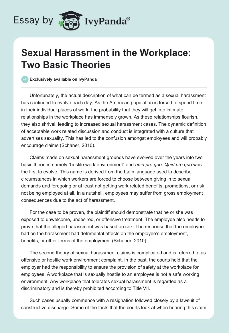Sexual Harassment in the Workplace: Two Basic Theories. Page 1