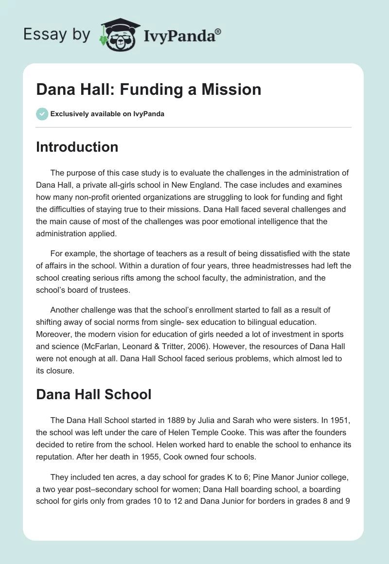 Dana Hall: Funding a Mission. Page 1