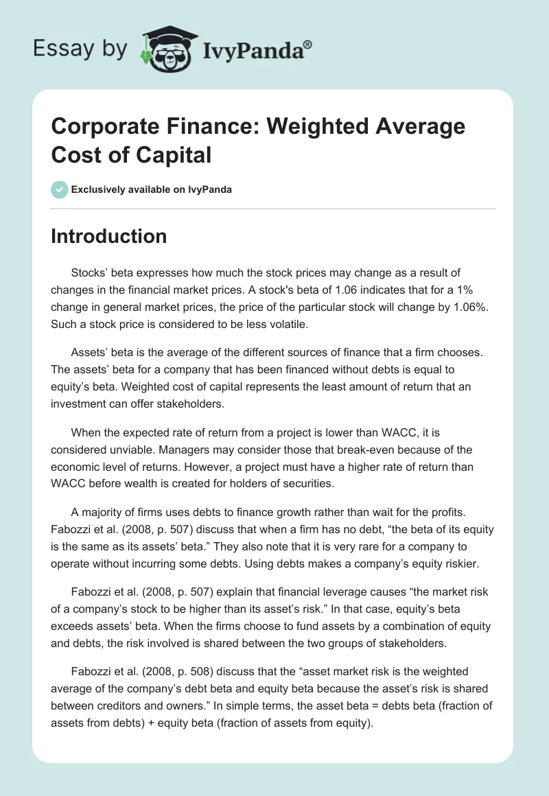 Corporate Finance: Weighted Average Cost of Capital. Page 1