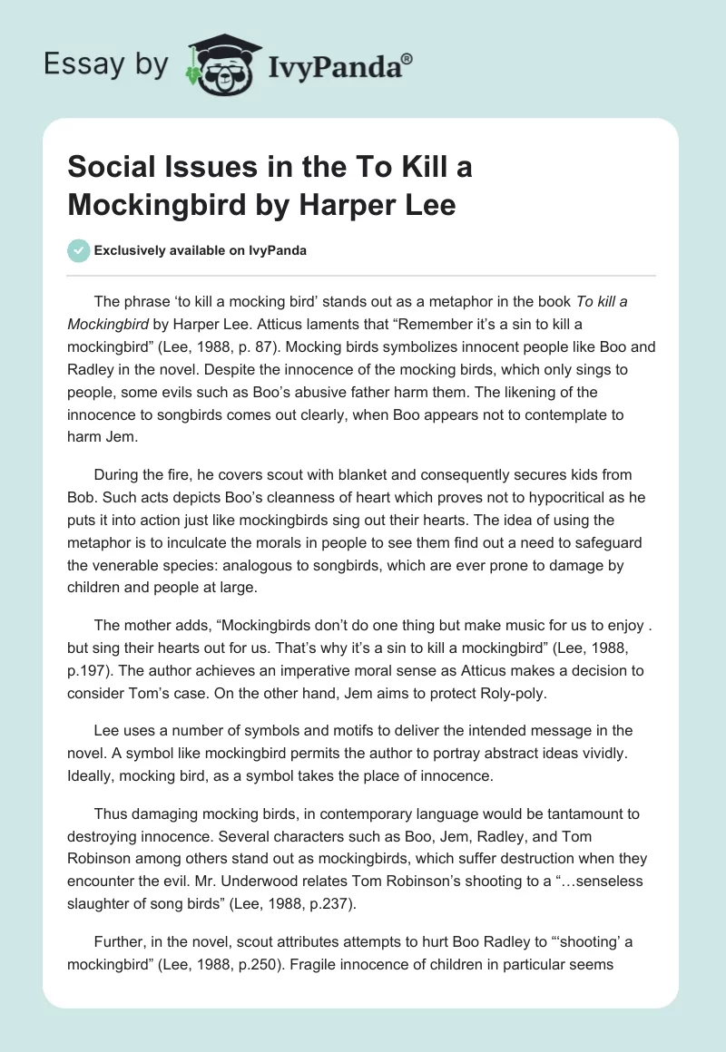 Social Issues in the "To Kill a Mockingbird" by Harper Lee. Page 1