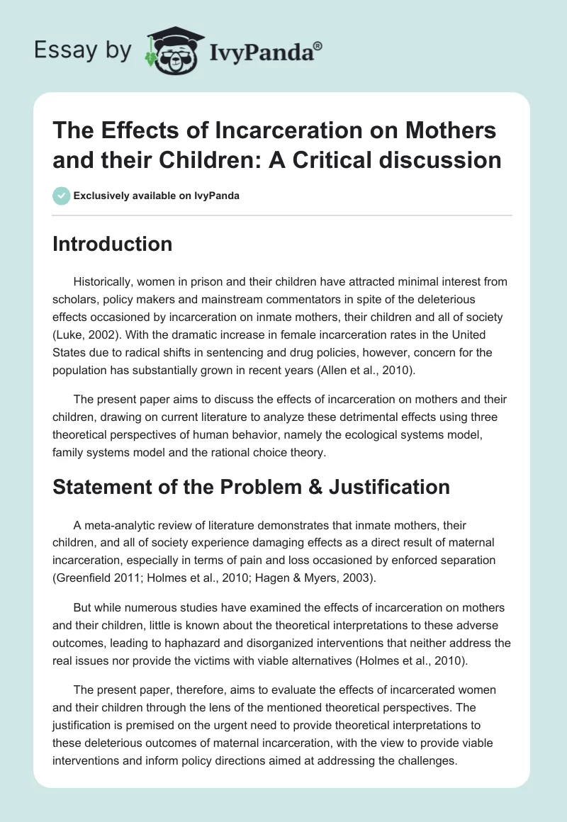 The Effects of Incarceration on Mothers and their Children: A Critical discussion. Page 1