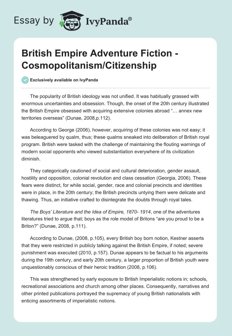 British Empire Adventure Fiction - Cosmopolitanism/Citizenship. Page 1