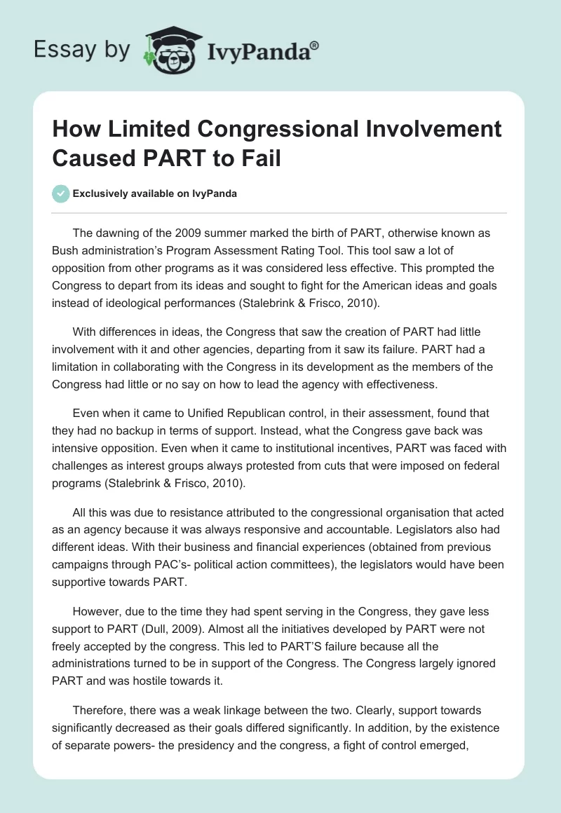 How Limited Congressional Involvement Caused PART to Fail. Page 1