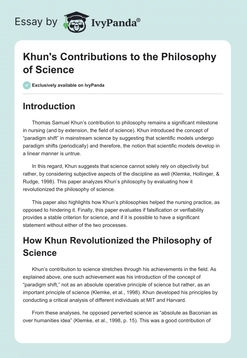 Khun's Contributions to the Philosophy of Science. Page 1