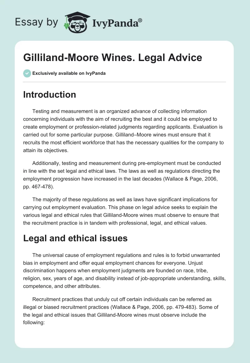 Gilliland-Moore Wines. Legal Advice. Page 1