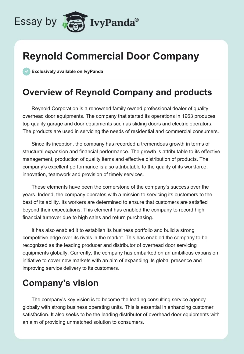 Reynold Commercial Door Company. Page 1
