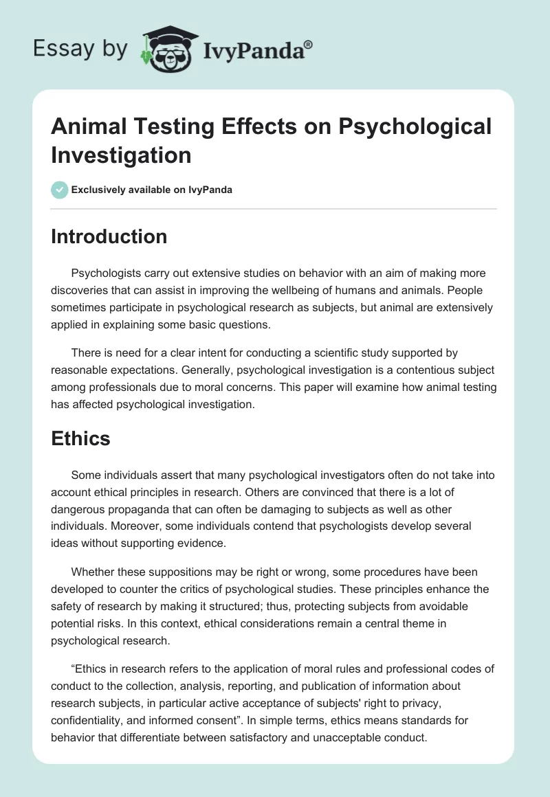 Animal Testing Effects on Psychological Investigation. Page 1