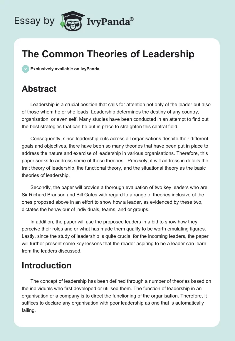 The Common Theories of Leadership. Page 1