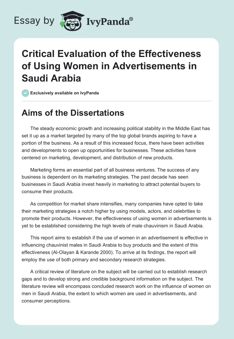 Critical Evaluation of the Effectiveness of Using Women in Advertisements in Saudi Arabia. Page 1