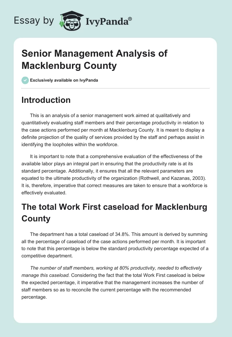 Senior Management Analysis of Macklenburg County. Page 1