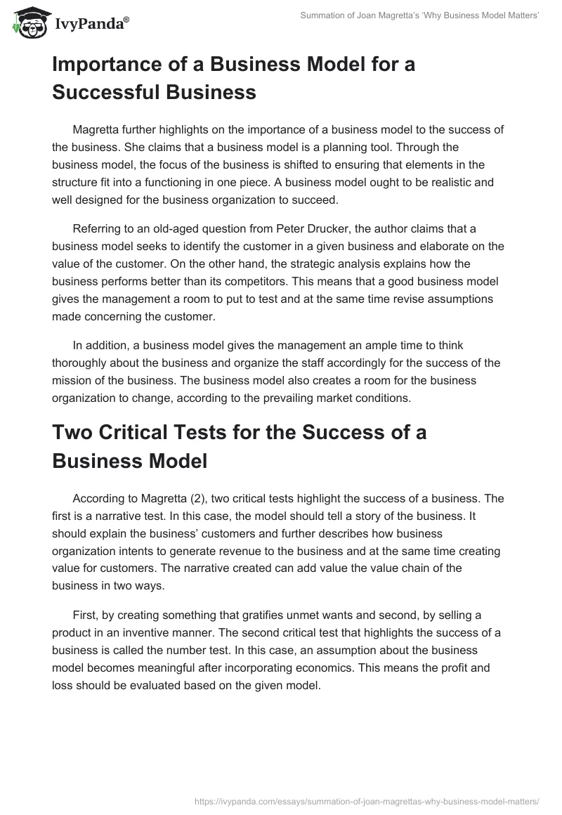Summation of Joan Magretta’s ‘Why Business Model Matters’. Page 2