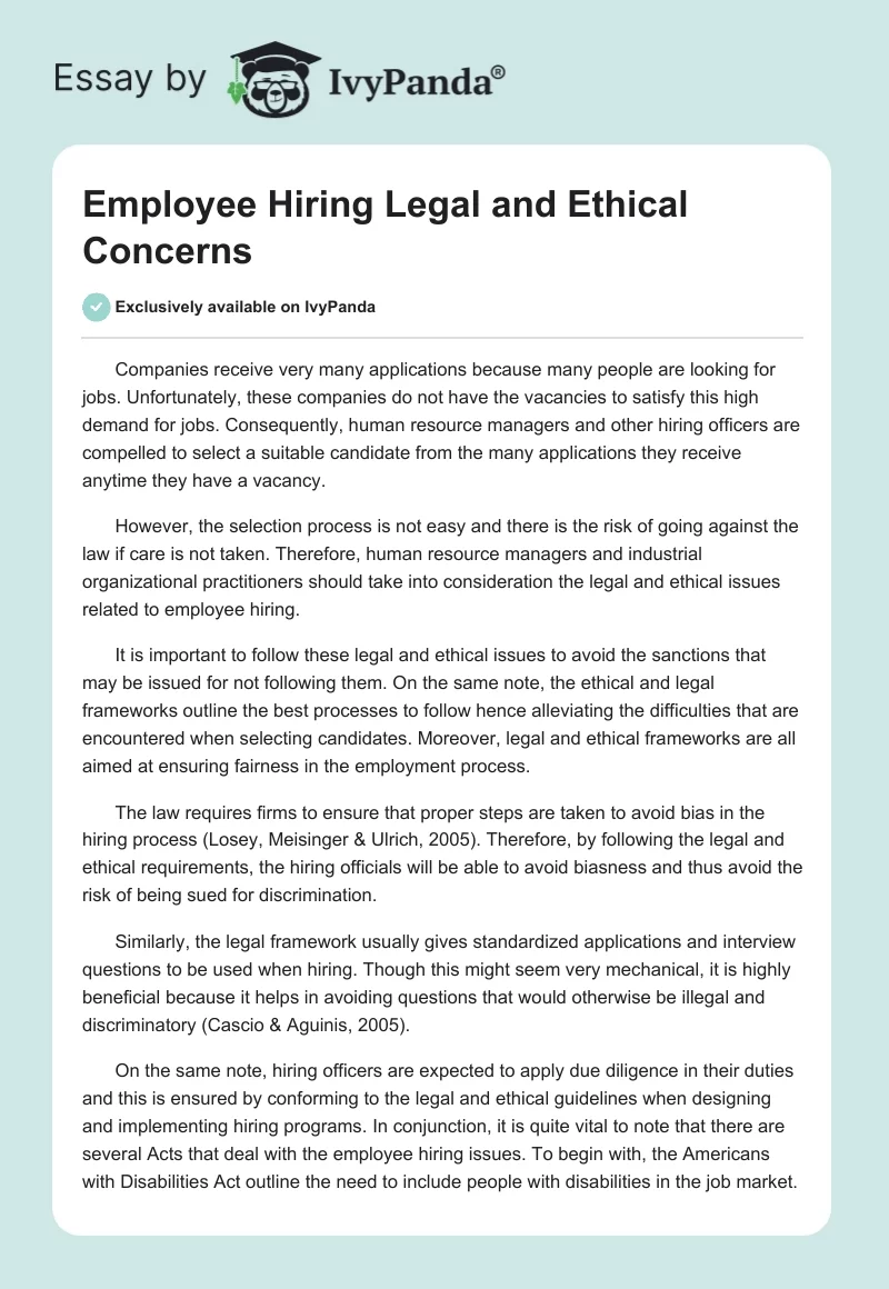Employee Hiring Legal and Ethical Concerns. Page 1