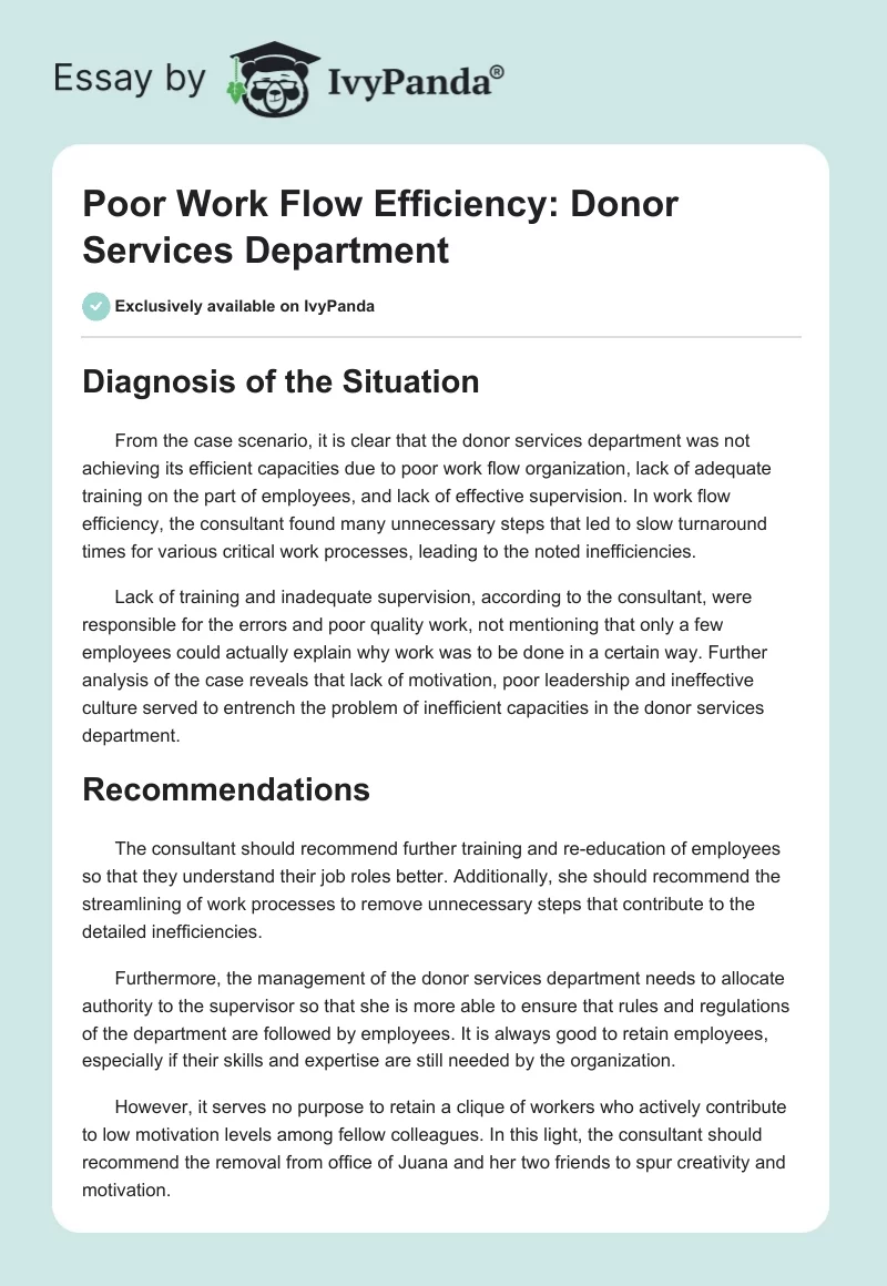 Poor Work Flow Efficiency: Donor Services Department. Page 1