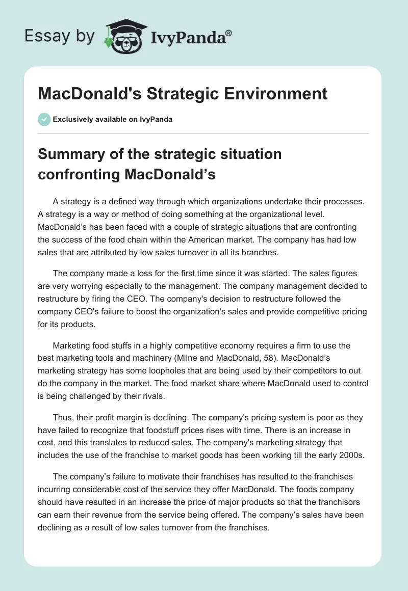 MacDonald's Strategic Environment. Page 1