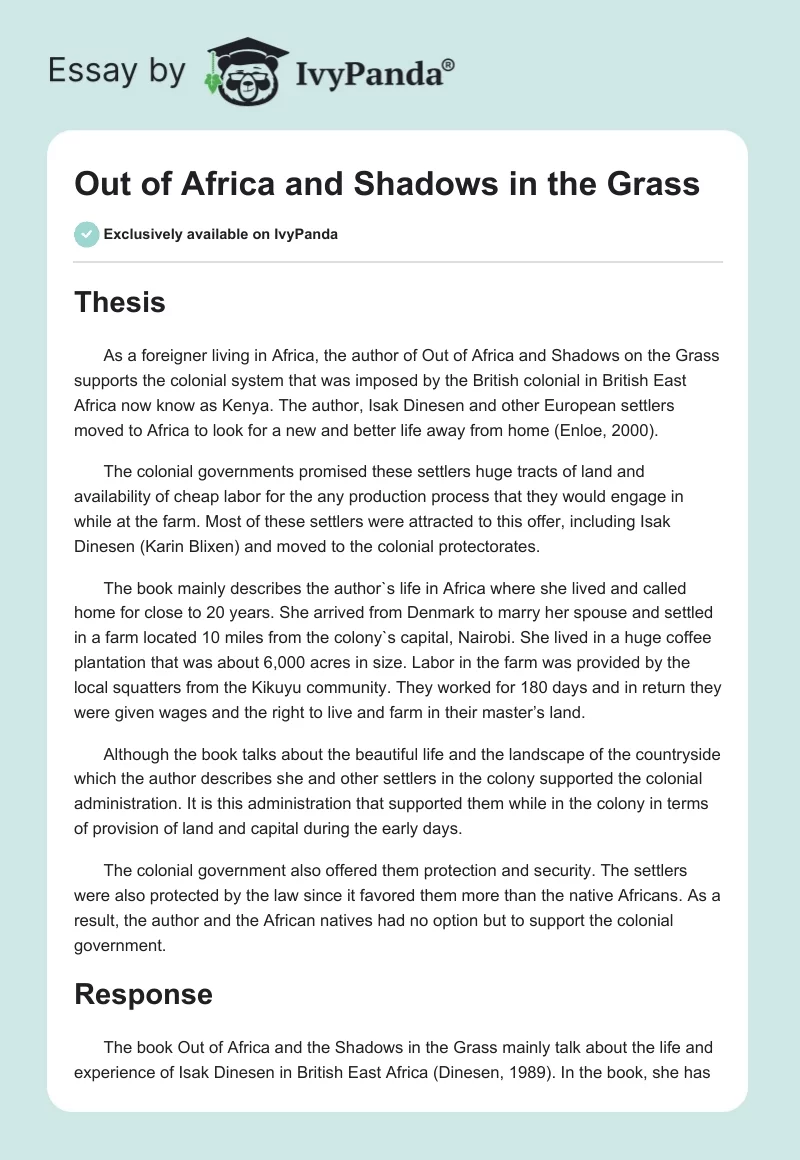 Out of Africa and Shadows in the Grass. Page 1