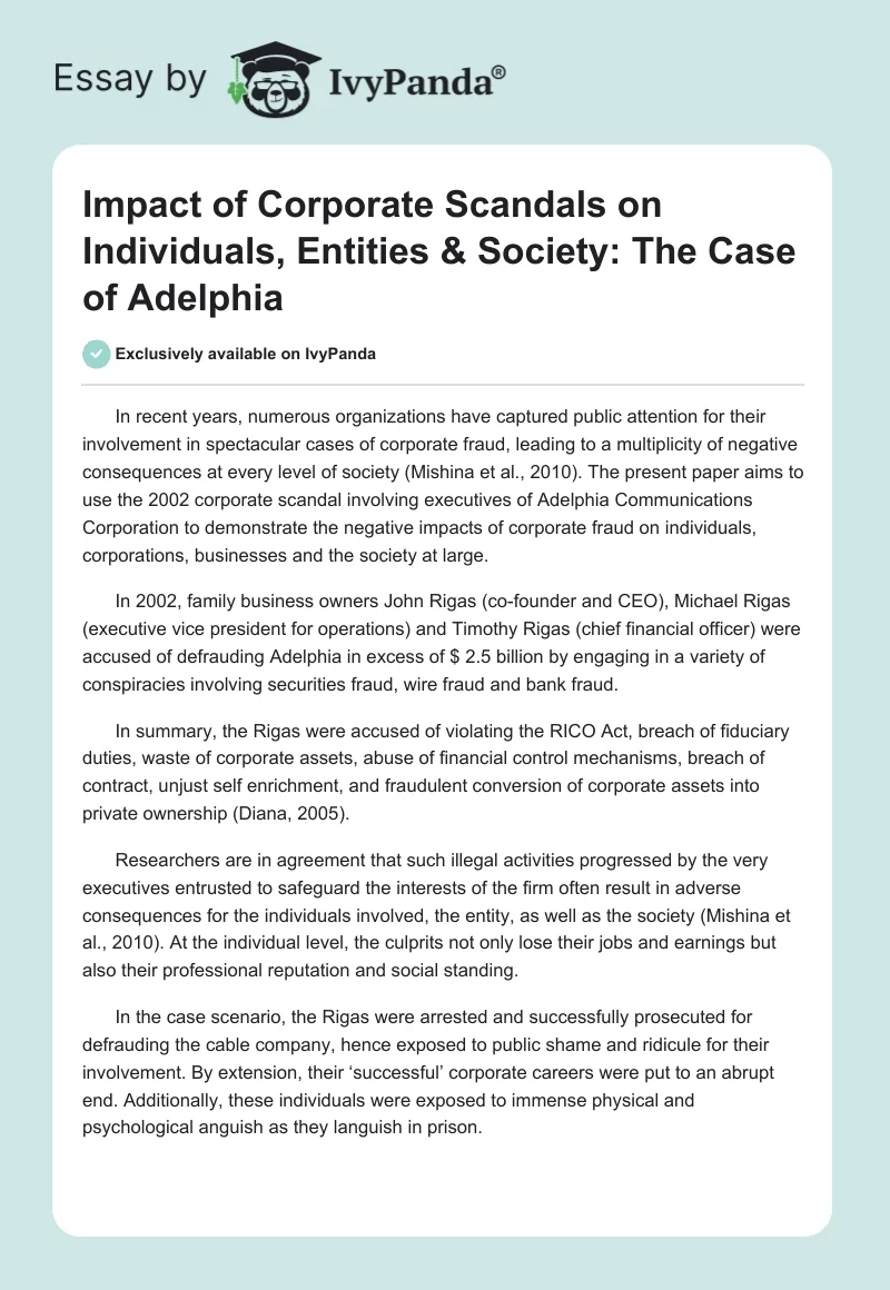 Impact of Corporate Scandals on Individuals, Entities & Society: The Case of Adelphia. Page 1