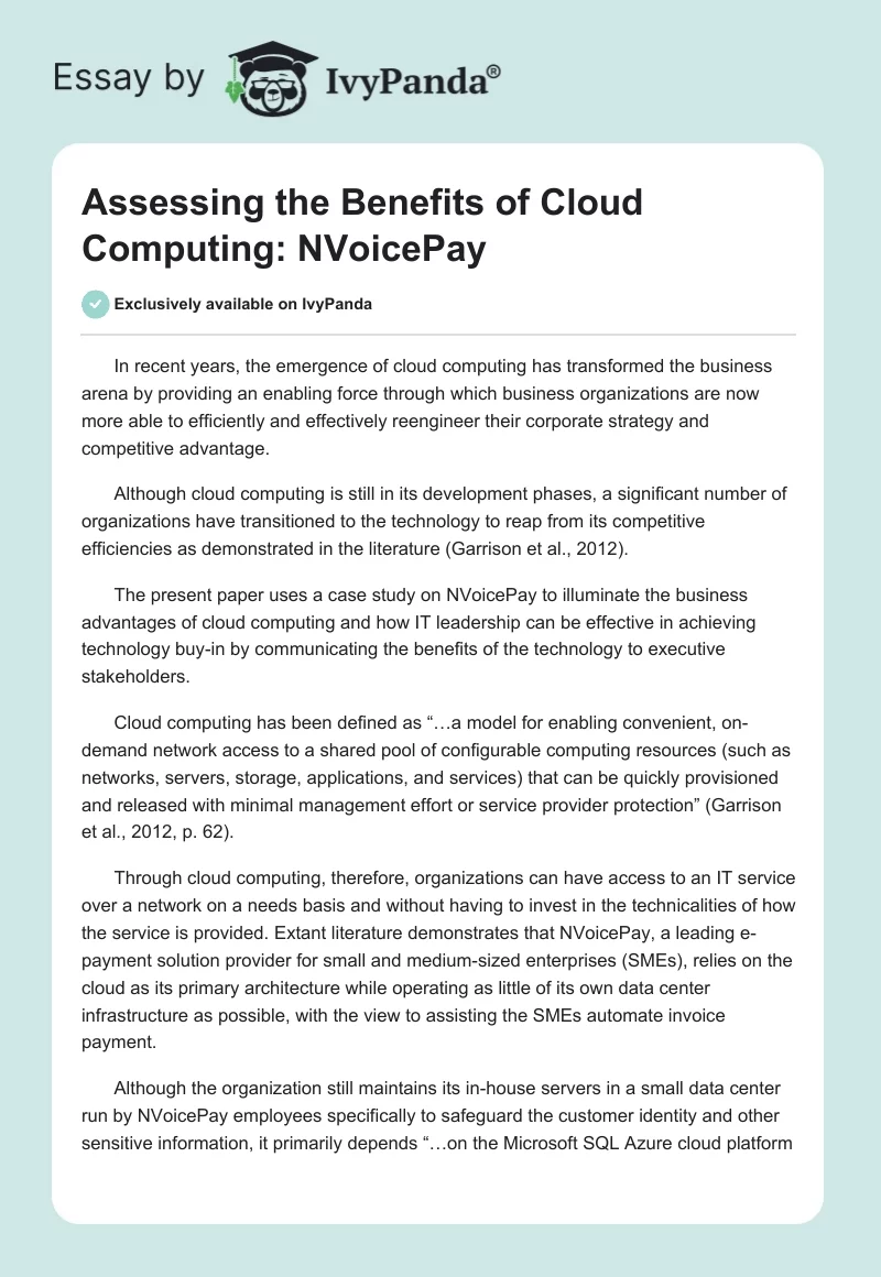 Assessing the Benefits of Cloud Computing: NVoicePay. Page 1