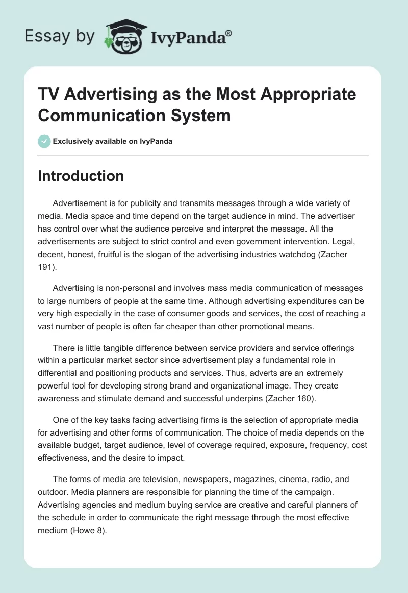 TV Advertising as the Most Appropriate Communication System. Page 1