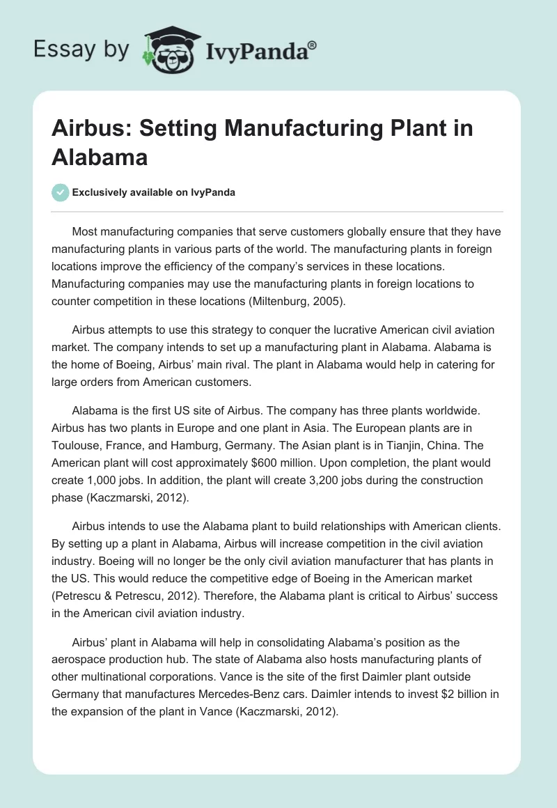 Airbus: Setting Manufacturing Plant in Alabama. Page 1