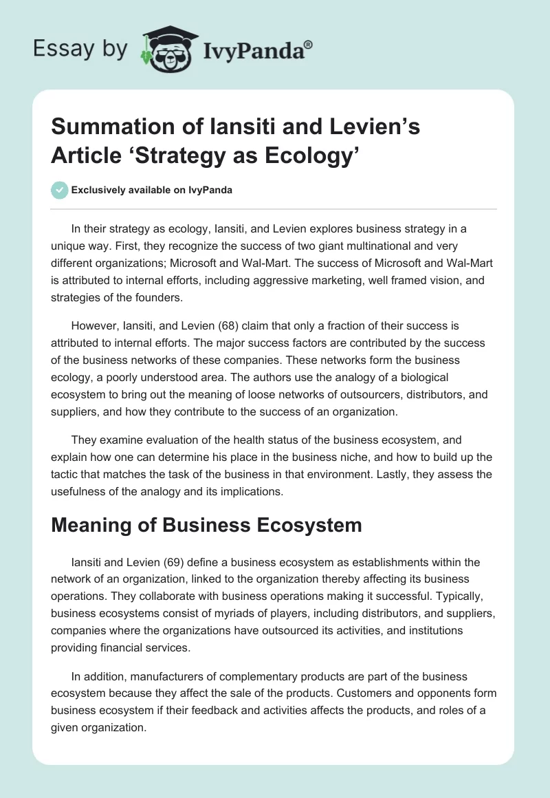 Summation of Iansiti and Levien’s Article ‘Strategy as Ecology’. Page 1