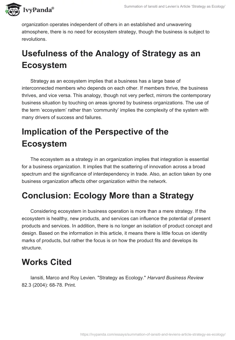 Summation of Iansiti and Levien’s Article ‘Strategy as Ecology’. Page 3