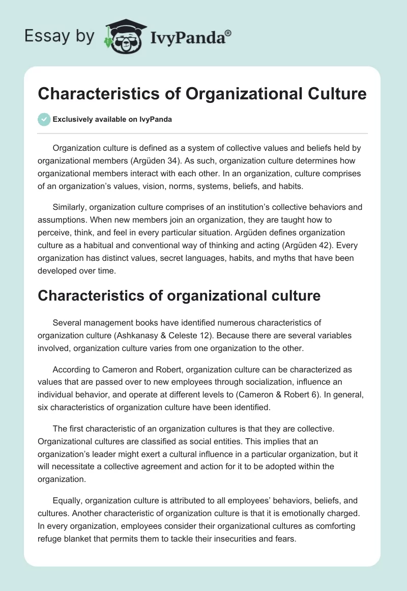 Characteristics of Organizational Culture. Page 1