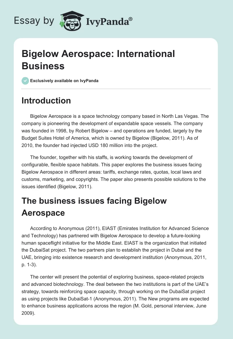 Bigelow Aerospace: International Business. Page 1
