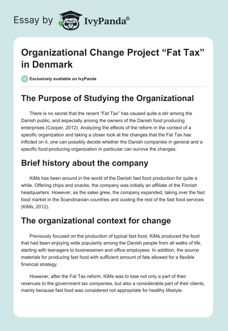 Organizational Change Project “Fat Tax” in Denmark. Page 1