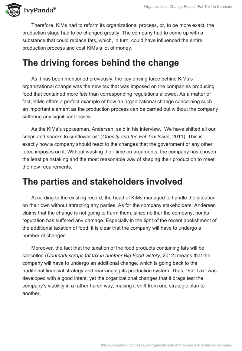 Organizational Change Project “Fat Tax” in Denmark. Page 2