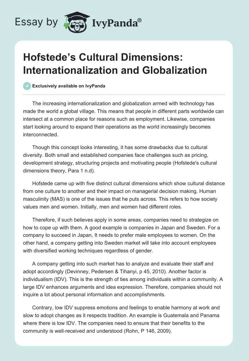 Hofstede’s Cultural Dimensions: Internationalization and Globalization. Page 1