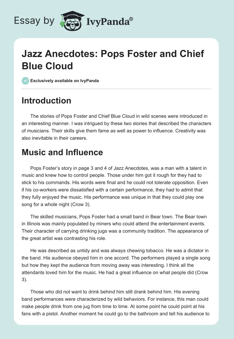 Jazz Anecdotes: Pops Foster and Chief Blue Cloud. Page 1