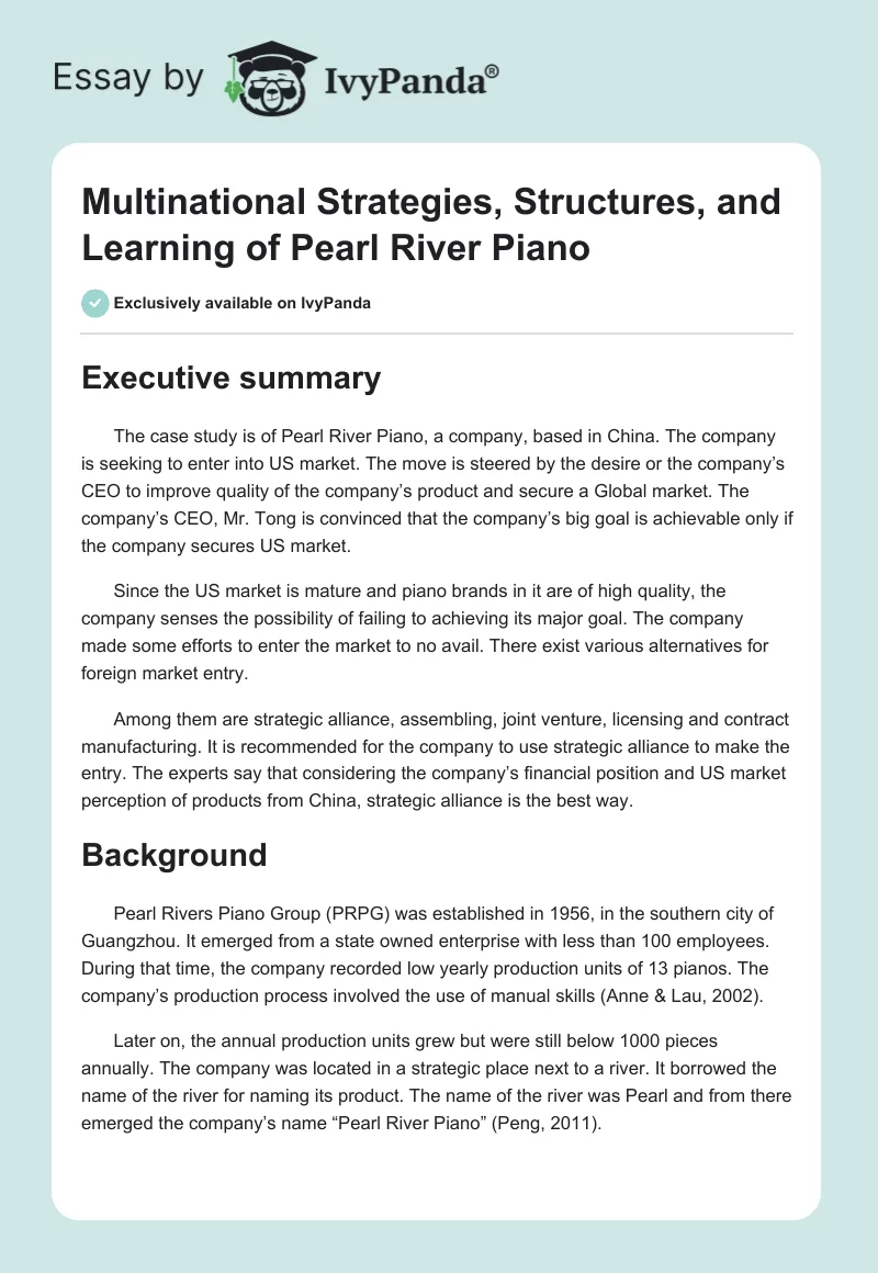 Multinational Strategies, Structures, and Learning of Pearl River Piano. Page 1