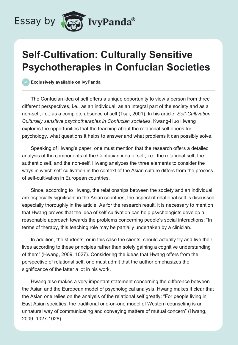 Self-Cultivation: Culturally Sensitive Psychotherapies in Confucian Societies. Page 1