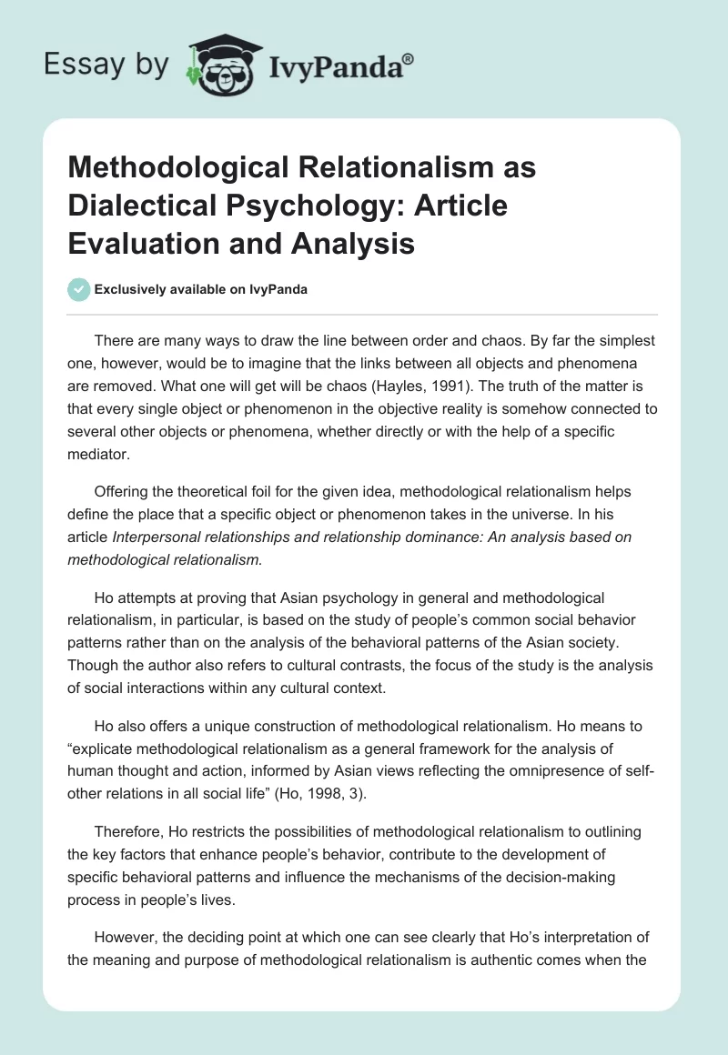 Methodological Relationalism as Dialectical Psychology: Article Evaluation and Analysis. Page 1