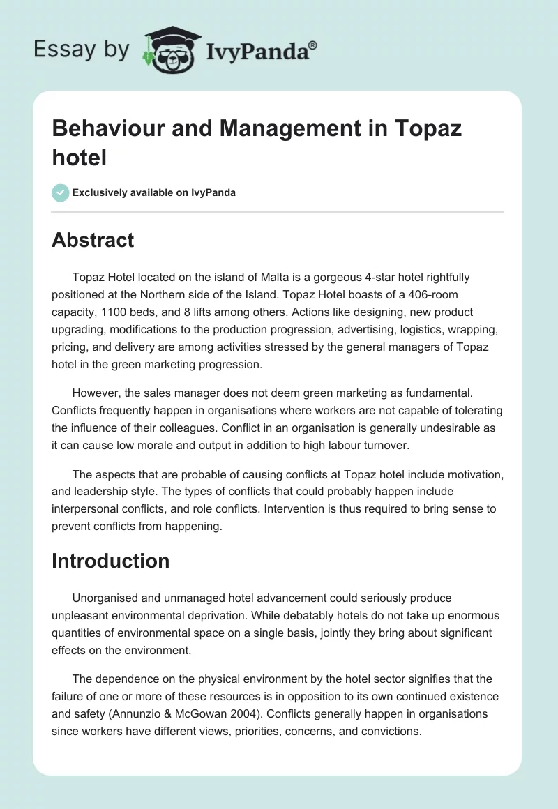 Behaviour and Management in Topaz hotel. Page 1